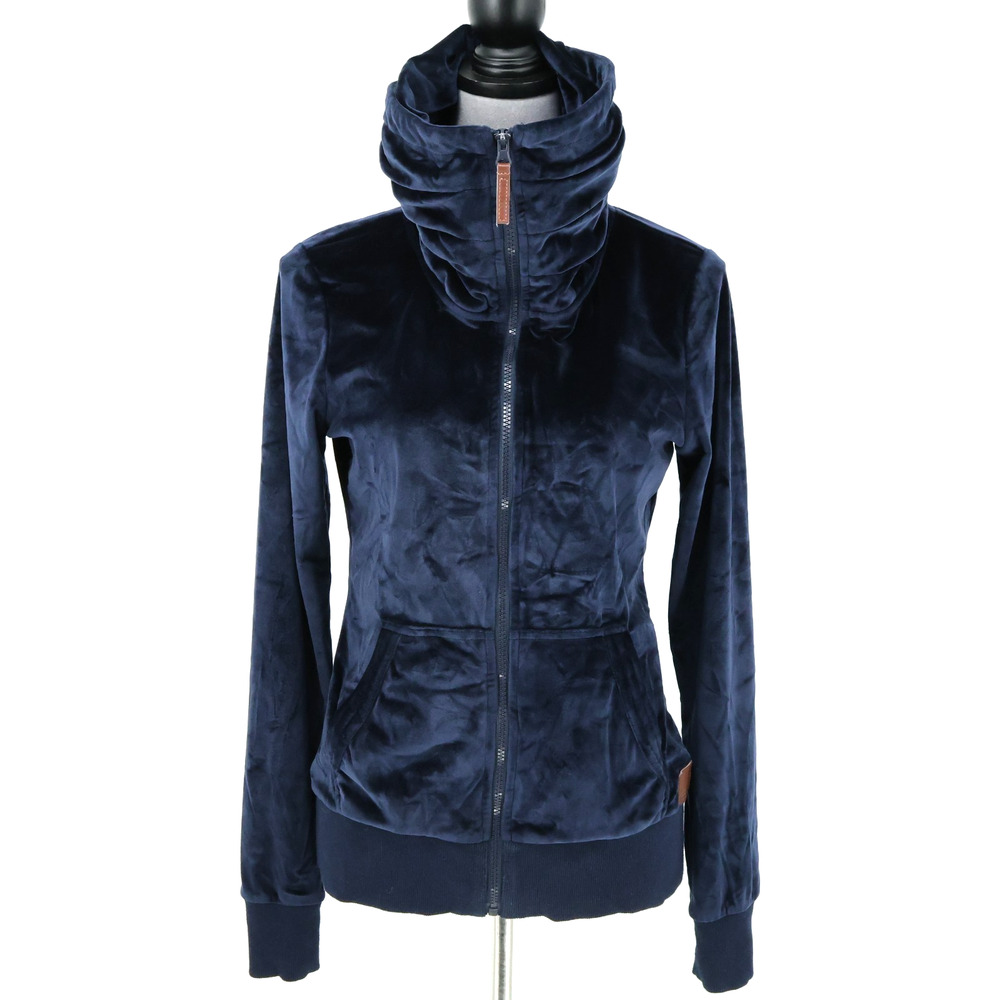 BKE Buckle Jacket Womens Small Navy Blue Velour Full Zip Mock Neck Pockets